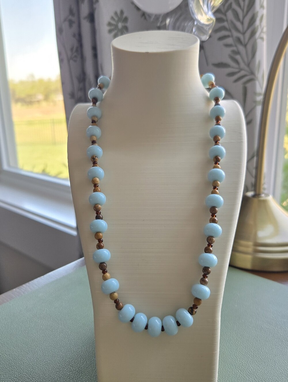 Handcrafted Light Blue Dyed Jade Bead Necklace With Picasso Jasper